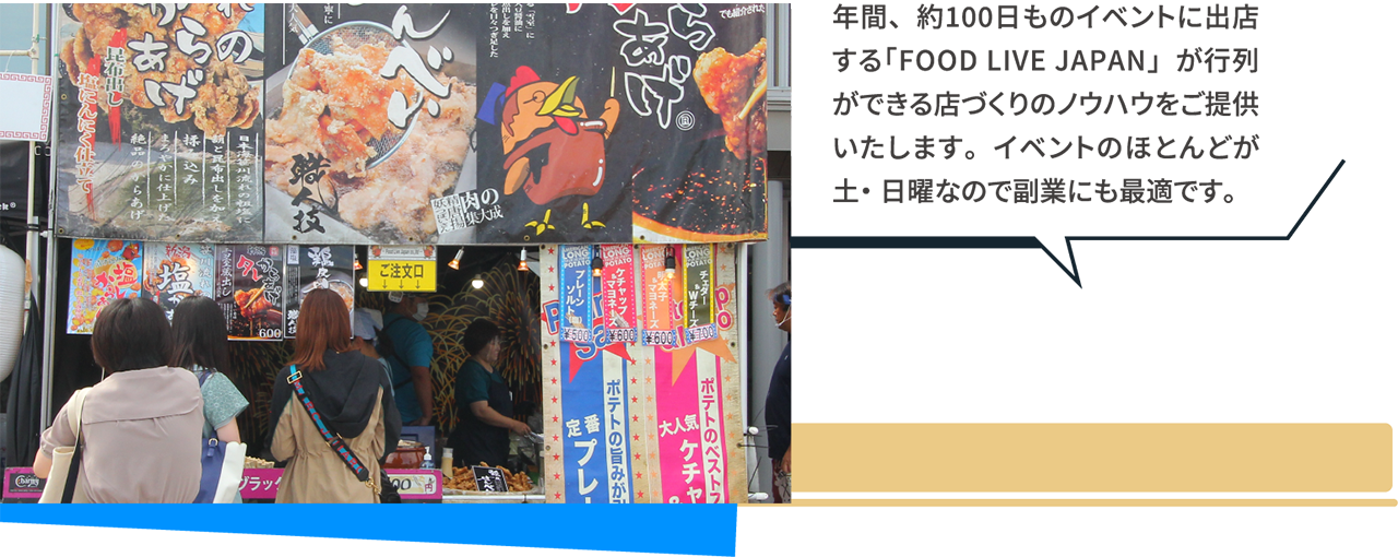 年間、約100日ものイベントに出店する「FOOD LIVE JAPAN」が行列ができる店づくりのノウハウをご提供いたします。イベントのほとんどが土・日曜なので副業にも最適です。